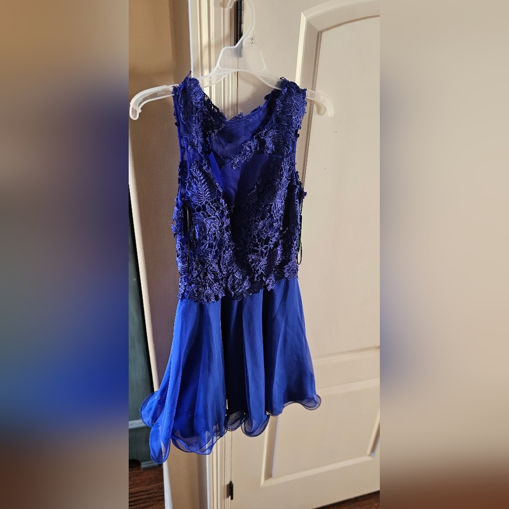 Elegant Blue Lace Dress Size M .